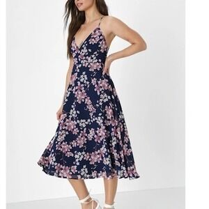 Lulus Navy Blue Floral Print Midi Dress Lace Up Back Strappy Wedding Guest Small